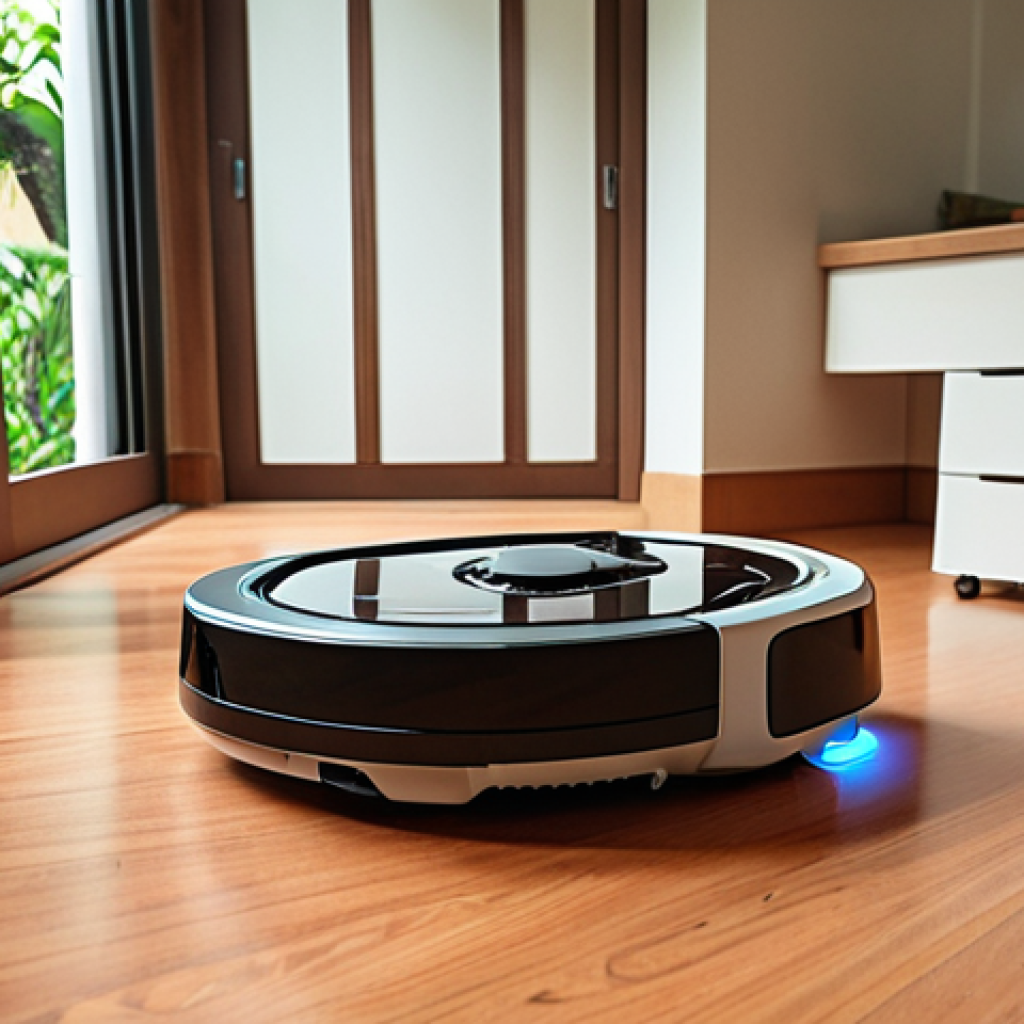 **A modern Malaysian home interior, seamlessly integrating a robot vacuum cleaning the floor. The scene should convey a sense of effortless cleanliness and convenience, showcasing the robot as a helpful addition to daily life. Focus on warm, inviting colors and a tidy environment.**