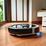 **A modern Malaysian home interior, seamlessly integrating a robot vacuum cleaning the floor. The scene should convey a sense of effortless cleanliness and convenience, showcasing the robot as a helpful addition to daily life. Focus on warm, inviting colors and a tidy environment.**