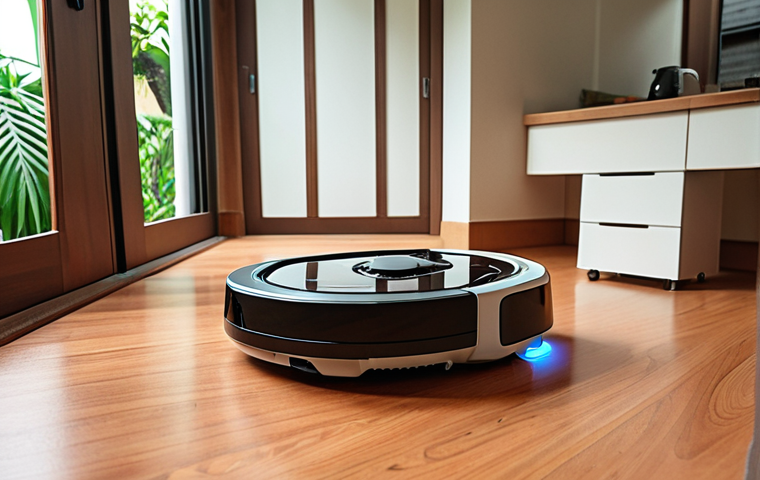 **A modern Malaysian home interior, seamlessly integrating a robot vacuum cleaning the floor. The scene should convey a sense of effortless cleanliness and convenience, showcasing the robot as a helpful addition to daily life. Focus on warm, inviting colors and a tidy environment.**
