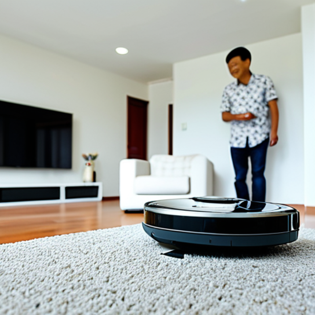 **

"A bright, modern Malaysian home interior, featuring a robot vacuum cleaner autonomously cleaning the floor. A fully clothed and happy family is visible in the background, relaxed and enjoying their time. The scene should evoke a sense of convenience and harmony. Safe for work, appropriate content, fully clothed, family-friendly, professional photography, perfect anatomy, natural proportions, high quality."

**