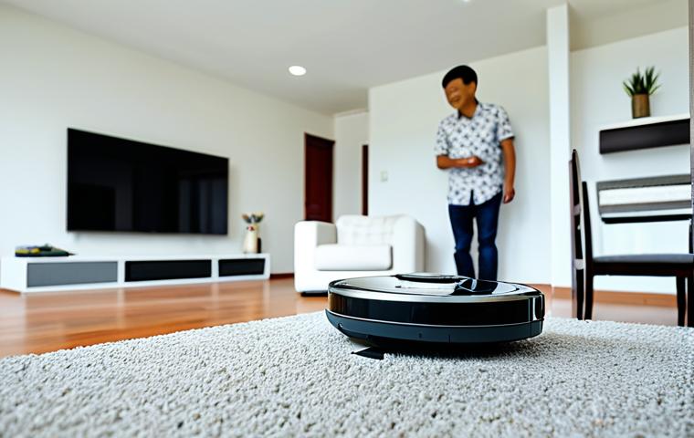 **

"A bright, modern Malaysian home interior, featuring a robot vacuum cleaner autonomously cleaning the floor. A fully clothed and happy family is visible in the background, relaxed and enjoying their time. The scene should evoke a sense of convenience and harmony. Safe for work, appropriate content, fully clothed, family-friendly, professional photography, perfect anatomy, natural proportions, high quality."

**