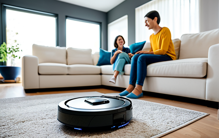 Robot Vacuum**

"A modern living room with a robot vacuum cleaning the floor, fully clothed family members relaxing on the sofa in the background, modest clothing, bright daylight, clean and tidy, safe for work, appropriate content, perfect anatomy, natural proportions, professional interior photography, family-friendly."

**