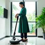 Modern Smart Home Scene**

A modern Malaysian home interior with a robot vacuum cleaning the floor. A fully clothed woman in modest attire is smiling while operating a smart home control panel on the wall. Sunlight streaming through the window. Lush green plants in the background. Clean and organized space. Safe for work, appropriate content, professional, family-friendly, perfect anatomy, natural proportions, high quality.

**