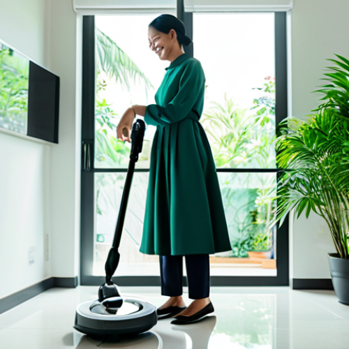 Modern Smart Home Scene**

A modern Malaysian home interior with a robot vacuum cleaning the floor. A fully clothed woman in modest attire is smiling while operating a smart home control panel on the wall. Sunlight streaming through the window. Lush green plants in the background. Clean and organized space. Safe for work, appropriate content, professional, family-friendly, perfect anatomy, natural proportions, high quality.

**