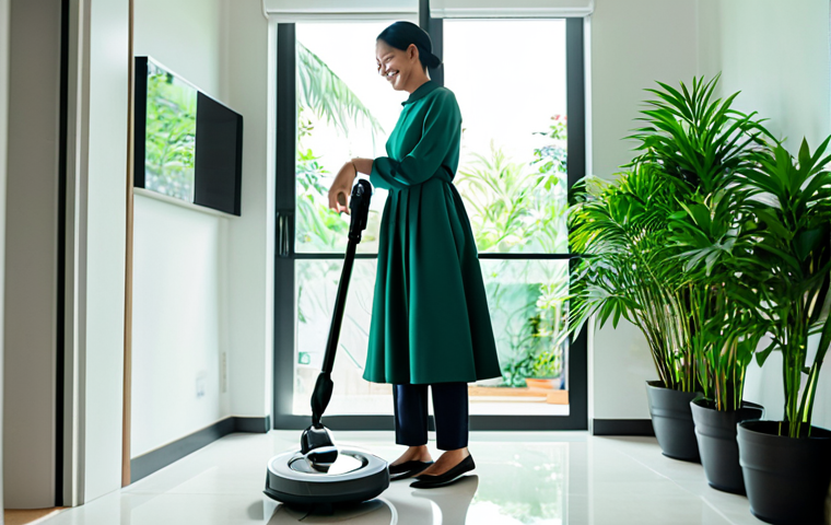 Modern Smart Home Scene**

A modern Malaysian home interior with a robot vacuum cleaning the floor. A fully clothed woman in modest attire is smiling while operating a smart home control panel on the wall. Sunlight streaming through the window. Lush green plants in the background. Clean and organized space. Safe for work, appropriate content, professional, family-friendly, perfect anatomy, natural proportions, high quality.

**
