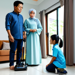 Home Robot Safety Awareness**

A concerned Malaysian family (father, mother, child) looking at a home robot (vacuum cleaner) with caution. The robot is in a living room setting. The family is fully clothed in modest, traditional Malaysian attire (e.g., baju kurung, baju melayu). Caption: "Berhati-hati dengan Robot di Rumah!" (Be careful with robots at home!). safe for work, appropriate content, fully clothed, family-friendly, perfect anatomy, correct proportions, natural pose, professional.

**