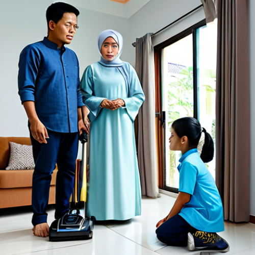 Home Robot Safety Awareness**

A concerned Malaysian family (father, mother, child) looking at a home robot (vacuum cleaner) with caution. The robot is in a living room setting. The family is fully clothed in modest, traditional Malaysian attire (e.g., baju kurung, baju melayu). Caption: "Berhati-hati dengan Robot di Rumah!" (Be careful with robots at home!). safe for work, appropriate content, fully clothed, family-friendly, perfect anatomy, correct proportions, natural pose, professional.

**