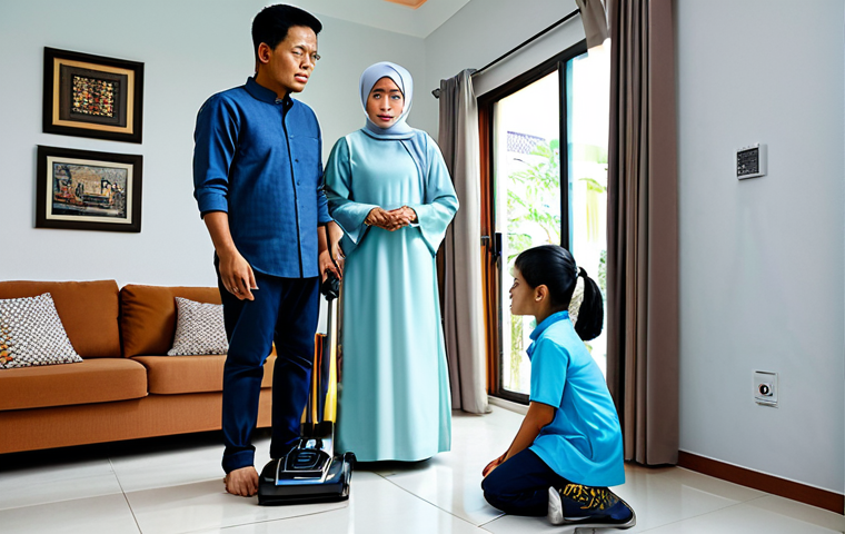Home Robot Safety Awareness**
A concerned Malaysian family (father, mother, child) looking at a home robot (vacuum cleaner) with caution. The robot is in a living room setting. The family is fully clothed in modest, traditional Malaysian attire (e.g., baju kurung, baju melayu). Caption: "Berhati-hati dengan Robot di Rumah!" (Be careful with robots at home!). safe for work, appropriate content, fully clothed, family-friendly, perfect anatomy, correct proportions, natural pose, professional.
**