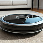 Hacked Robot Vacuum**

"A modern living room with a robot vacuum cleaner malfunctioning and displaying a distorted image on its screen, indicating a hack. Emphasis on the vulnerability of smart home devices. Safe for work, appropriate content, fully clothed setting, professional rendering, realistic, high detail."

**