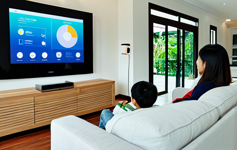 가정용 로봇의 친환경적 요소 - Smart Home Energy Management**
"A modern Malaysian home interior, showing a smart home hub controll...